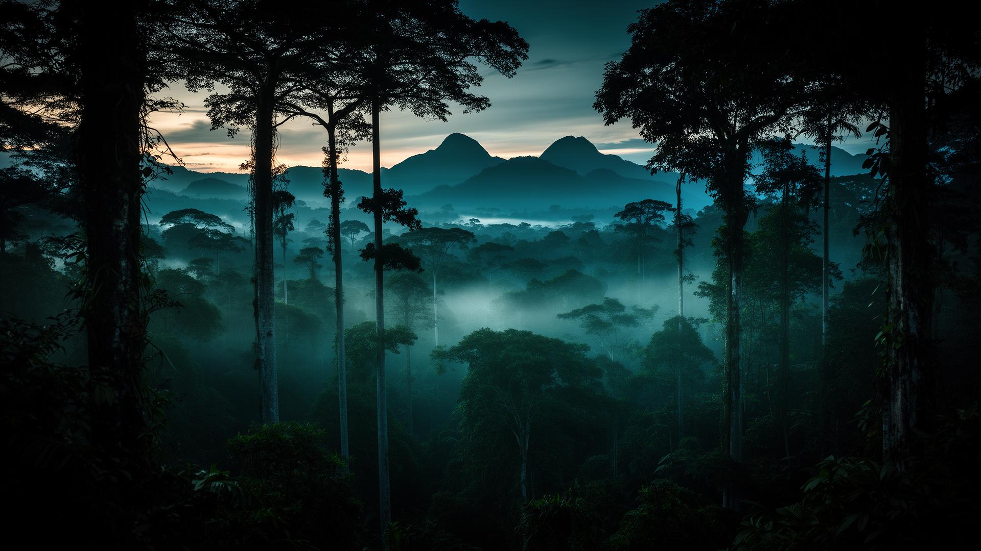 Misty Amazon canopy at dawn over the Tropical Andes